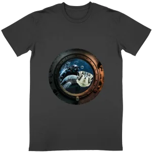 tortue et plongeur à travers un hublot de sous-marin