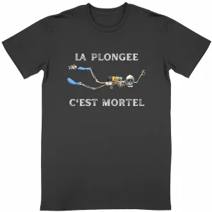 T-shirt plongée 100% bio halloween: Un squellette plongeur dévoré par un poisson monstre