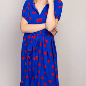 Robe FELICIA Bleue Coeurs Rouges Manches courtes