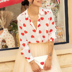 Chemisier COLETTE Blanc Coeurs Rouges (Soie)